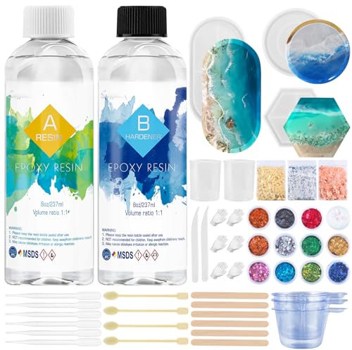 Epoxidharz Set Anfänger 474ml/16oz Glasklar Gießharz mit Untersetzerform, Epoxy resin Harz Gießen Set für DIY Schmuckherstellung Handwerk mit 3 Goldfolien, 12 Glitzer, Messbecher und mehr