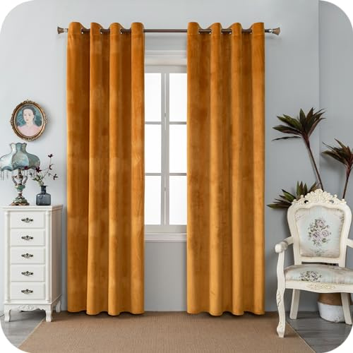 GIRASOLE HOME Coppia Tende Adelaide Morbide Oscuranti Termiche in Velluto 2 Pannelli da 140x240cm con Occhielli, Ambra