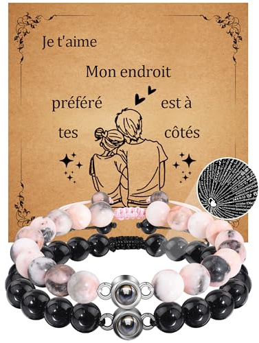CheersLife Cadeau Couple Bracelet Couple Amoureux pour 2 Bracelet Connecté Je t'aime Cadeau Saint-Valentin pour Copain Homme Petit Ami Petite Mari Femme Fiançailles