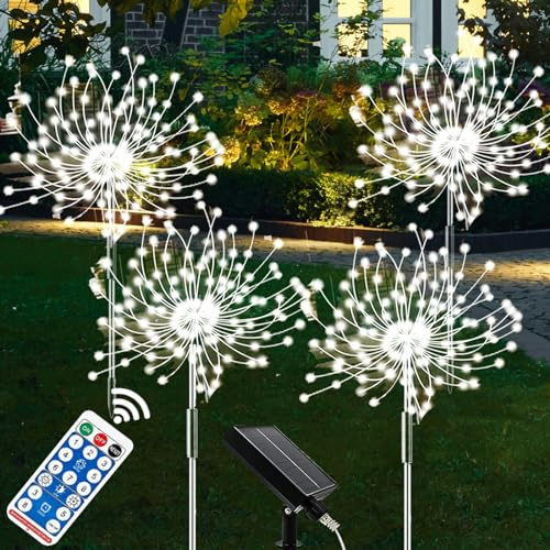 XRR Luces Solares Exterior Jardin, 4 Piezas 120 LED Solares Fuegos Artificiales Luces impermeable 8 Modos Luz Solar Exterior para caminos de césped, terraza(Blanco frío)