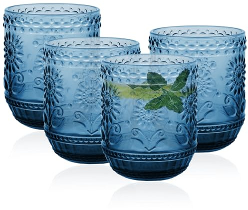 Hebaogugu 350 ml/12 oz Glass Tumblers, Coloured Drinking Glasses Set of 4 for Wine, Milk, Tea, Beverage, Vintage Water Glasses for Home & Restaurant(Blue)
