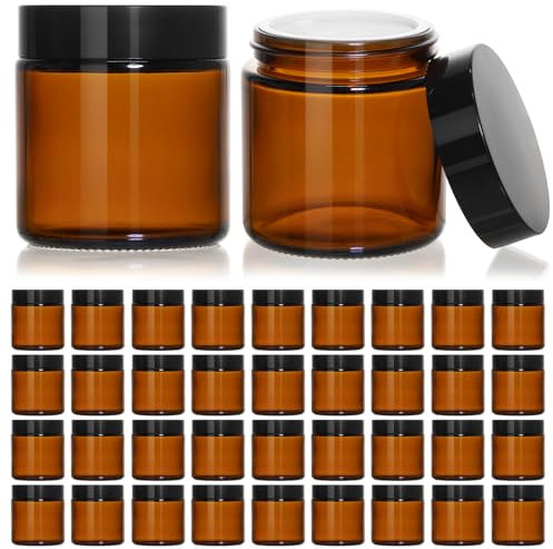 KEYWING 4oz Small Glass Jars with Black Lids, 36 Pack Amber Empty Cosmetic Containers Round Glass Jar with Inner Liners for Creams, Lotions, Ointments and Powders