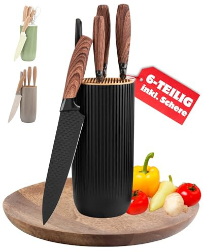 Holzwurm Messerset mit Messerblock - 6-teiliges Anti-Rost Edelstahl Küchenmesser Set, Perfekt für Profis und Hobbyköche, Messerblock mit Messer (Schwarz)