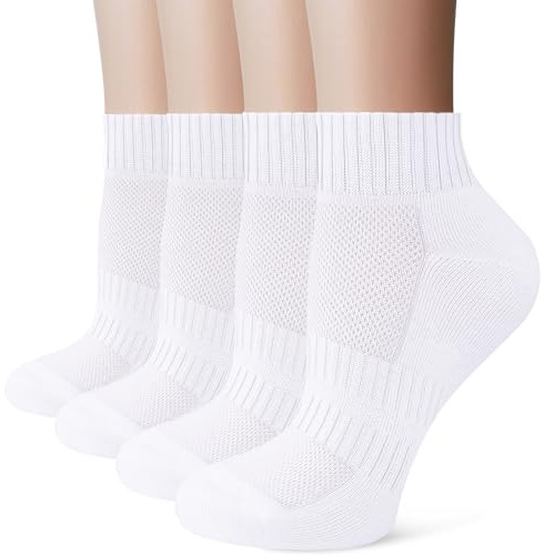 Stoeury White Sports Ankle Socks Women, Anti Blister Cushioned Quarter Socks Mens Black, Ladies Trainer Walking Running Sock, Breathable Cotton Casual Athletic Gym Sock 4 Pairs, White 3-5
