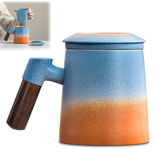 Teetasse Mit Deckel Und Sieb, 420ml Teetasse Mit Teesieb Und Deckel, Holzgriff Teebecher, Matte Keramik Teetassen, Teetasse Mit Sieb, Tee Tasse (Gelb blau)