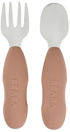 BÉABA, Set med 2 förbestick i rostfritt stål och silikon, babybestick, barnbestick, från 10 månader, ergonomisk form, ergonomiskt handtag, lärande babybestick, Pralin