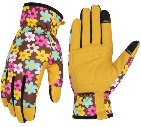 Ainiv Womens Gardening Gloves, Touchscreen Compatible Working Gloves for Weeding, Leather Garden Glove for Women Thorn Proof No Stab for Digging, Planting, Pruning, Yellow