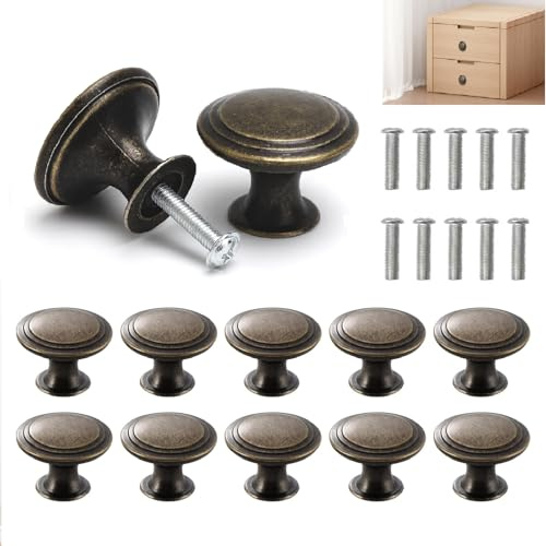 HENGBIRD 10 Juego de tiradores vintage para muebles, Pomos redondos de 30 mm de aleación de zinc efecto bronce, Tiradores decorativos para cajones, armarios y puertas