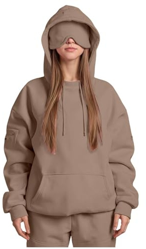 Ewleguzka - Sweat à capuche de voyage avec masque pour les yeux intégré, couverture portable pour avion confortable pour adultes, hommes et femmes, 4 poches, kaki, 3XL