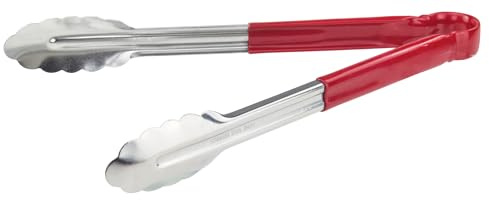 Winco 12 Stainless Steel Serving Tongs with Plastic Handle, Red