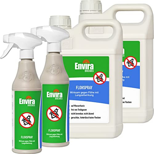 Envira Floh Abwehrspray 2 x 500 ml + 2 x 5 Liter - Spray mit Langzeitwirkung gegen Flöhe, Katzenfloh, Hundefloh - Mittel gegen Flöhe für Wohnung & Möbel - Effektives Flohmittel & Flohschutz