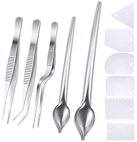 SelfTek 5Pack Chef Plating Tools 3Pcs Stainless Steel Cooking Tweezers Precision Tongs with Serrated Tips,2 Sizes Culinary Drawing Spoon and 6 Pcs Plastic Plating Wedge Set for Plates Decorating