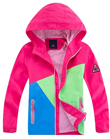 YOUNGSOUL Kinder Regenjacke mit Farbblock Mädchen Jungen Softshelljacke Übergangsjacke Win und Wasserdicht Windjacke mit Kapuze Rose DE: 116-122 (Herstellergröße 120)