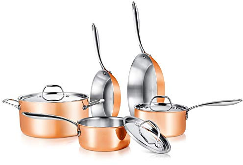 NutriChef 8 Pcs. Stainless Steel Cookware Set - Kitchenware Pots & Pans Set Stylish Kitchen Cookware w/Cast SS Handle, Tri-Ply Authentic Copper, for Saucepan, Casserole, Frying Pan, Lids - NCCW8SS