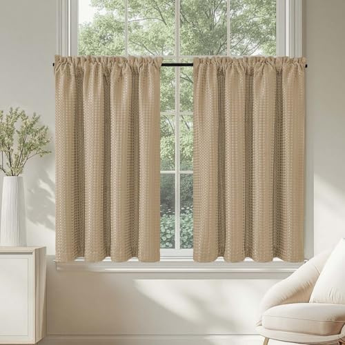 TOPICK Tende Passante tenda da bistrot Filtro della luce porta finestra balcone stile country roulotte corte rustiche soggiorno doccia tenda per interni 2 pezzi 90L x 115A cm, Marrone