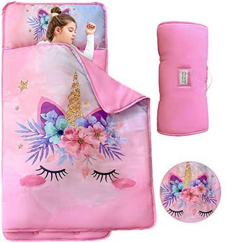 Tapis de Sieste Licorne pour Enfants d'âge préscolaire - Rose - Motif Dessin animé - avec Oreiller Amovible - pour Filles et garçons - pour Les soirées Pyjama, Les Voyages et Le Camping