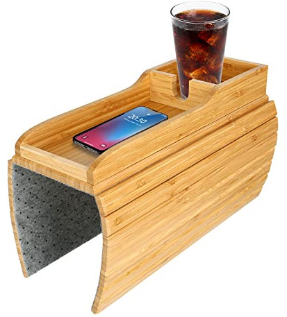 Jackfru Sofatablett Sofalehnen Ablage, Sofa Tablett mit, Holz Bambus Couch Tablett Armlehne, rutschfest Couch Armlehnentisch Sofa Getränkehalter Ablage (Hellbraun)