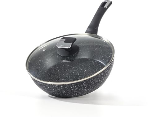 HOUSZY Non-Stick Deep-Fryer with Tempered Glass Lid-28 cm, The Pan Comes Equipped with a Stay-Cool Bakelite Handle & Food-Safe Granite Coating for Easy Food Release (Handwash Only)