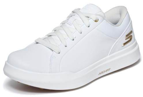 Skechers Drive 6 Arch Fit Chaussures de Golf imperméables en Cuir pour Femme Coupe décontractée, Blanc/doré, 36 EU
