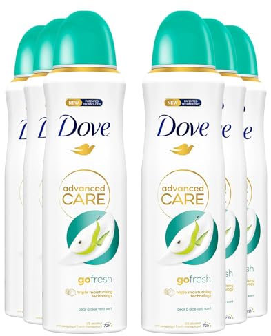 Dove Deodorante Spray Advanced Care Go Fresh Pera e Aloe Vera, con Formula Idratante e Delicata sulla Pelle, Senza Alcol, Pelle Asciutta Fino a 72 Ore, Deodorante Uomo e Donna, 6 Pezzi da 200ml