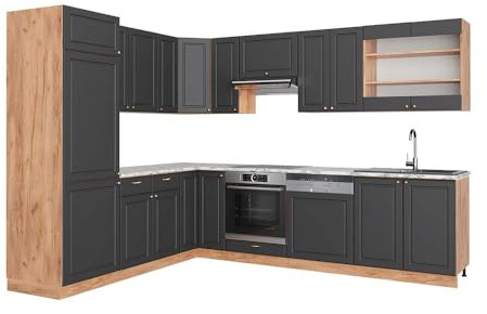 Vicco Hörnkök Fame-Line, Herrgård i antracitguld/Goldkraft ek, 287 x 227 cm, AP Marble, för individuell expansion med kompatibla moduler