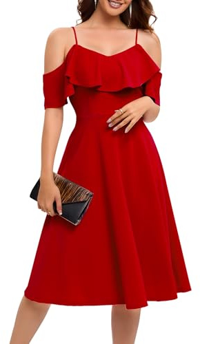 Bbonlinedress Vestido de cóctel para mujer, con hombros descubiertos, formal, para invitada de boda, graduación, graduación, vestido midi acampanado, Rojo, M