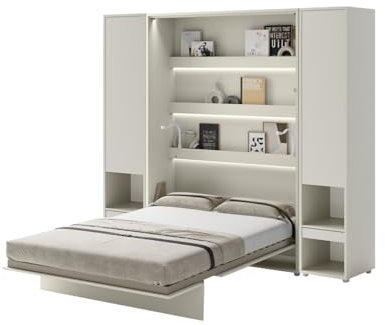 Friderik Set – Bed Concept BC-01 väggfällbar säng vertikal skåpsäng med madrass och LED-belysning, 140 x 200 cm + 2 x vertikalt skåp BC-07 (kashmirfärg)