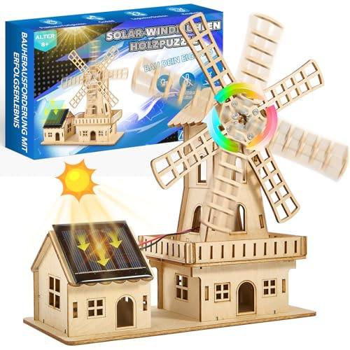 STEM Soldriven 3D-träpusselbyggsats, gör-det-själv-väderkvarn-hus träbyggsats, kreativt byggkit, experiment pysselset för barn från 8–15 och vuxna, 3D-pussel för barn, solleksaker