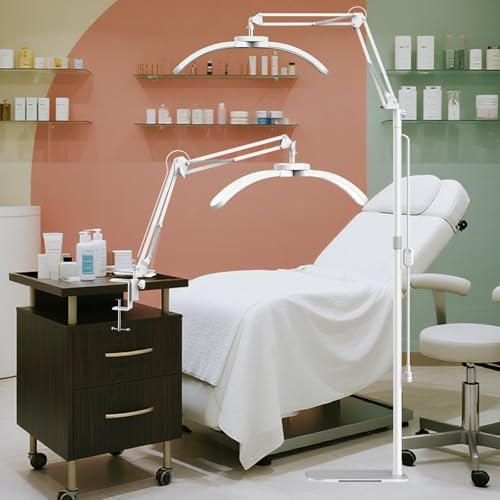 GraceGlow Lampe Extension de Cils Lampadaire LED, 2 in 1 Pliable Lampe Demi Lune avec Clips de Table pour Ongles, Dimmable Lampes Esthetique Professionnel pour Tatouage, Maquilleurs - Blanc