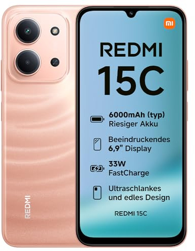 XIAOMI Redmi 15C, Smartphone 4+128GB, Display 6,9 120Hz, 7,99mm, MediaTek Helio G81-Ultra, Dual camera da 50MP, Mega batteria da 6000mAh, Garanzia 2 anni, Arancione, Caricabatterie non incluso