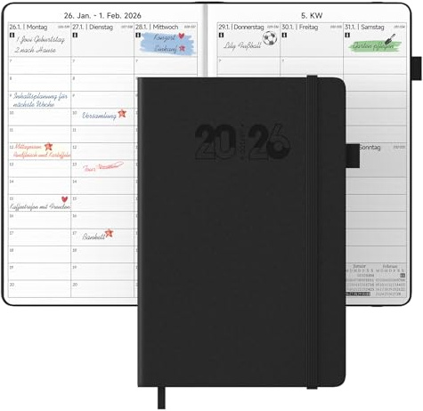 JAYSOO® Agenda semainier 2026, format A4, 21 x 28 cm, planning journalier et emploi du temps, couverture rigide de 12 mois, pour le travail, l'apprentissage et la famille, noir