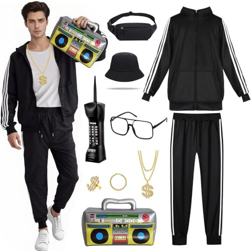 Déguisement Homme Années 80, Ensemble Rétro avec Veste et Pantalon Survêtement, Bob, Lunettes Soleil, Sac Banane et Boombox Gonflable, Costume Disco 80s 90s pour Carnaval, Halloween et Fête Thème (M)