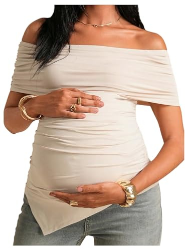 GORGLITTER Women's Maternity Off The Shoulder Tops Short Sleeve Ruched Asymmetrical T Shirts Pregnancy Summer Top Apricot Small