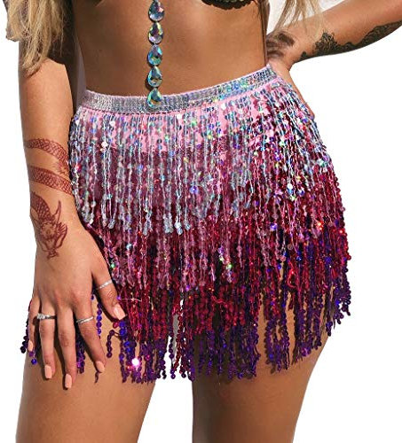 Wuchieal Pailletten Glitzer Rock Bauchtanz Kostüm Hüfttuch Outfits Gürtel Festival Kleidung (Silber/Rosa/Lila, One Size)