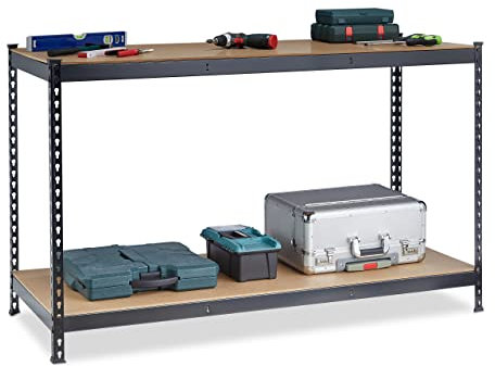 Relaxdays Banco de Trabajo, 2 Niveles de Altura Ajustable, 92 x 150 x 60 cm, Mesa Carpintería para Taller, Acero, Negro, Tablero de Fibras