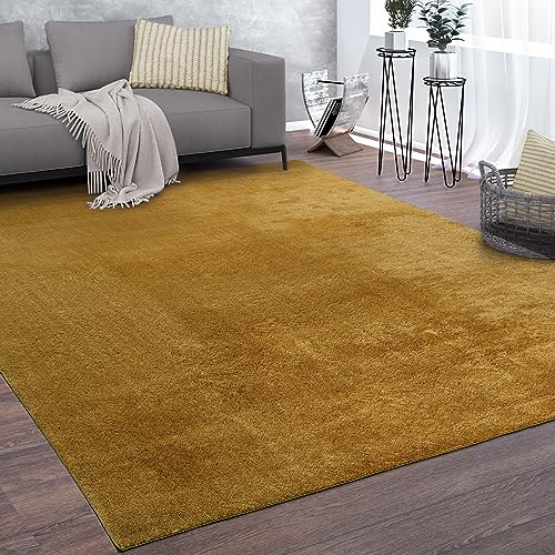 Paco Home Teppich Wohnzimmer Kurzflor Weich rutschfest Modern Einfarbiges Muster gelb Senfgelb, Grösse:160x220 cm