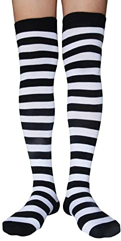 AUSUAYA Calzini alti a righe per donna, in cotone, sopra il ginocchio, scaldamuscoli per Halloween, cosplay e gotico GB-LW-3, strisce bianche e nere, Taglia unica