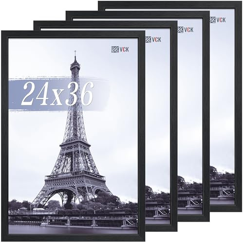 VCK 24x36 Poster Frames Black 4 Pack, Textured Exclusive Solid Wood Picture Frame, Wall Gallery Frame