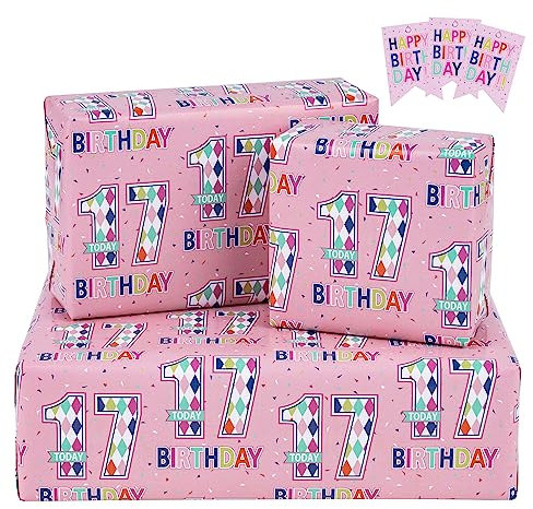 RUSPEPA Geburtstags-Geschenkpapierbögen mit Geschenkanhängern für Teenager-Mädchen-Geburtstagsgeschenkpapier, 3-fach gefaltet auf Bögen pro Set, 50 x 70 cm, Alter 17