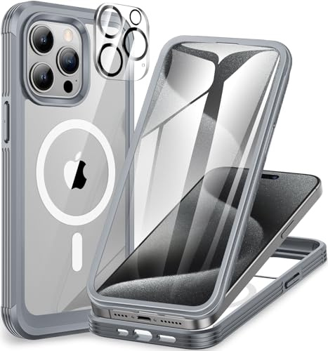 CENHUFO Magnétique Coque iPhone 15 Pro Max, Compatible avec MagSafe intégré Verre Trempé Protection écran et Protecteur Caméra, 360° Antichoc Téléphone Housse Double Face Case Intégrale Etui -Gris