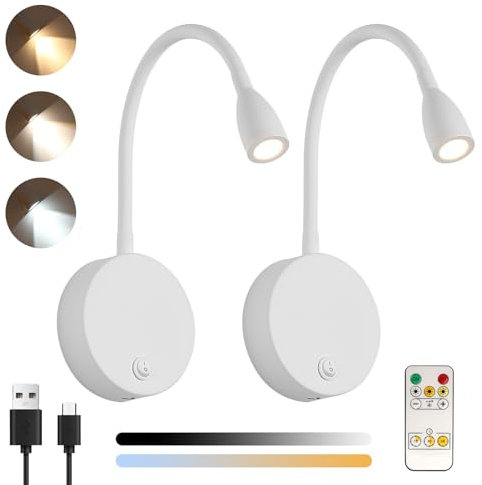 Klighten 2 Stück Leselampen Wand Kabellose Dimmbar mit Fernbedienung, Akku Bett Leseleuchte 2W LED Bettleuchte USB, Einstellbar Wandleselampen mit Aufladbare Batterie, 3000/4500/6000K, 200LM, Weiß