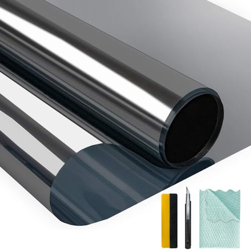 Niviy One Way Daytime Window Privacy Film with Installation Tools, Window Tint for Home Effect Anti UV Heat Control Glass Windows Coverings Mirror Film for Home Office (Black Silver 17.5 x 78.7)