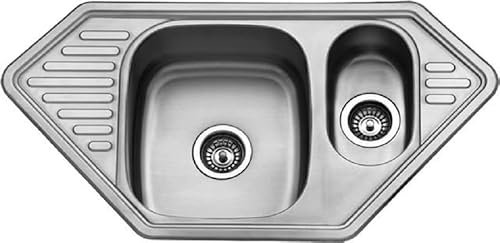 ARA CHOICE Twin 1.5 Bowls Stainless Steel Reversible Large Double Butterfly Kitchen Utility Corner Sink Catering & Waste Plumbing Kit with Drainer & Inset Wastes Set