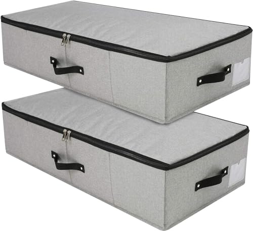 Omygarden Caja de almacenamiento plegable para debajo de la cama, gris oscuro, 2 unidades, 74.5×38×18cm, plástico minimalista, con cremallera, 2 compartimentos, resistente al agua