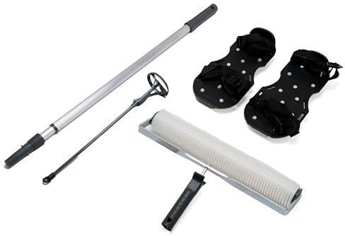 Epoxidharz Bodenbeschichtung Werkzeug Set 4tlg, Ausgleichsmasse Verarbeitungswerkzeug Kit | 40cm Entlüftungsroller | Teleskopstiel | Rührquirl | Nagelschuhe