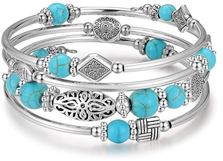 BULINLIN Pulsera Envolvente de Plata para Mujer Pulsera Multicapa de Cuentas de Plata Joyas Bohemio Cumpleaños Regalos para Madres(Turquoise)
