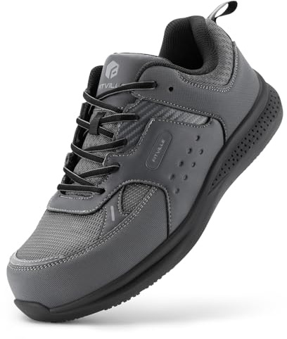 FitVille Wide Steel Toe Shoes for Men, Composite Toe Work Shoes for Men, Water Resistant, Slip Resistant, Leather, Grey, 10 Wide