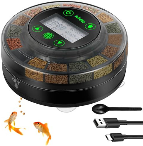 Papettly Futterautomat Aquarium, Automatischer Fischfutterautomat für Aquarium mit Timer, Futterautomat, Wiederaufladbare Fische Fischfutterspender mit USB-Kabel LCD-Anzeige Fisch Futterautomaten