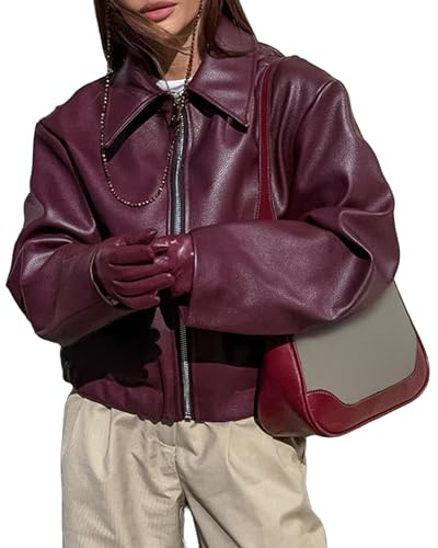 VOIKERDR Giacca in pelle bordeaux con cerniera per le donne alla moda cappotto invernale da moto, vino, X-Small