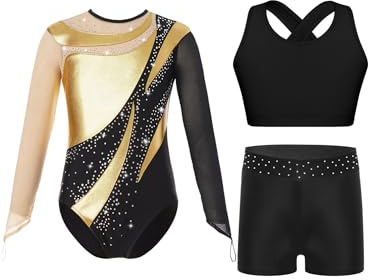 inhzoy barn glitter gymnastikdräkt flickor gymnastikdräkt långärmad med korta byxor lapptäcke tröja och shorts linne topp set